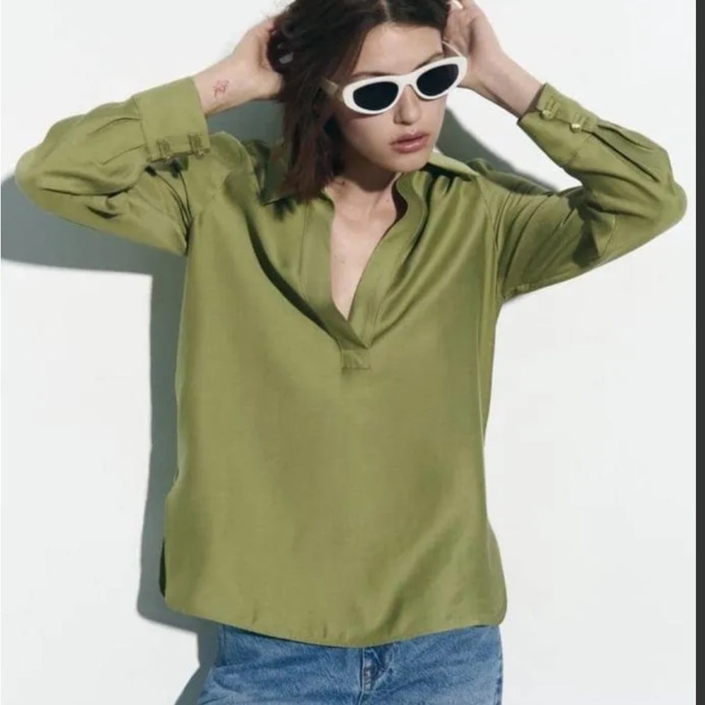 ZARA Green Lyocell Oversized V-Neck Long Sleeve Blouse - Picture 2 of 7